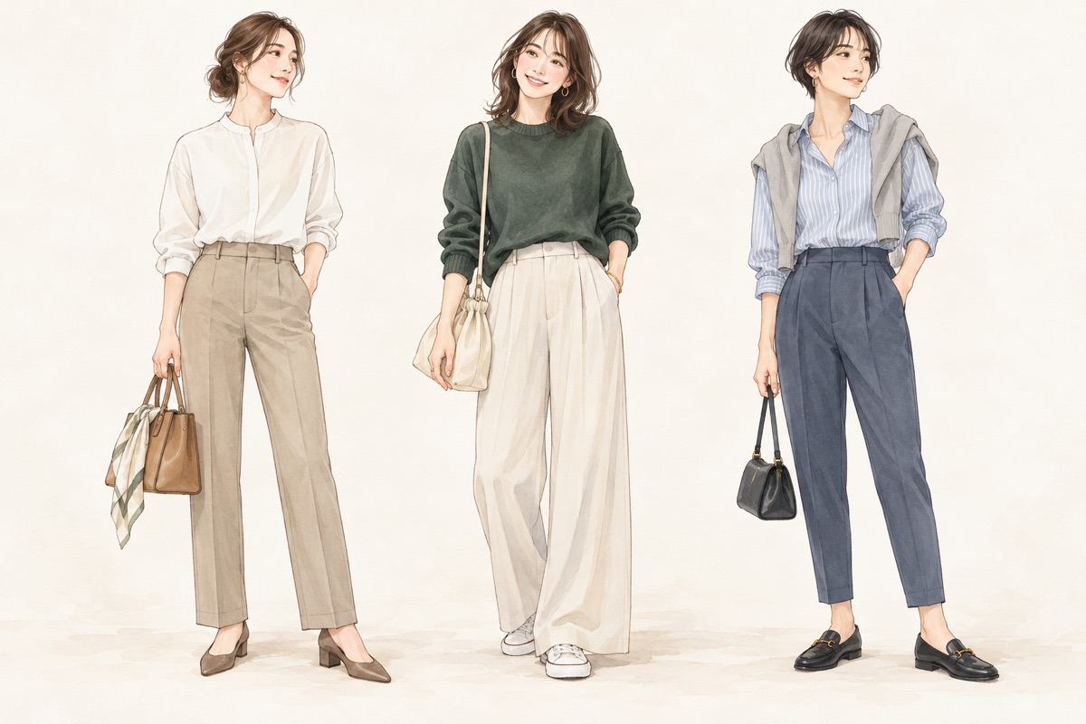 ストレート、ワイド、テーパードのパンツを着た大人の女性を描いたオリジナルファッションイラスト